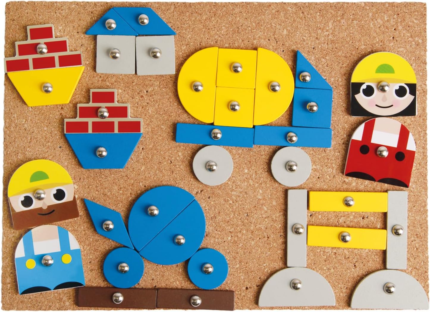 Lena 65828 Hammering Game, Building Site Game, Nail Game with 64 Pieces in 7 Shapes and 8 Building Site Parts, Cork Base Plate, Approx. 28 x 19.5 cm, hammer and nails, hammering game for children over 3 years – Bild 10