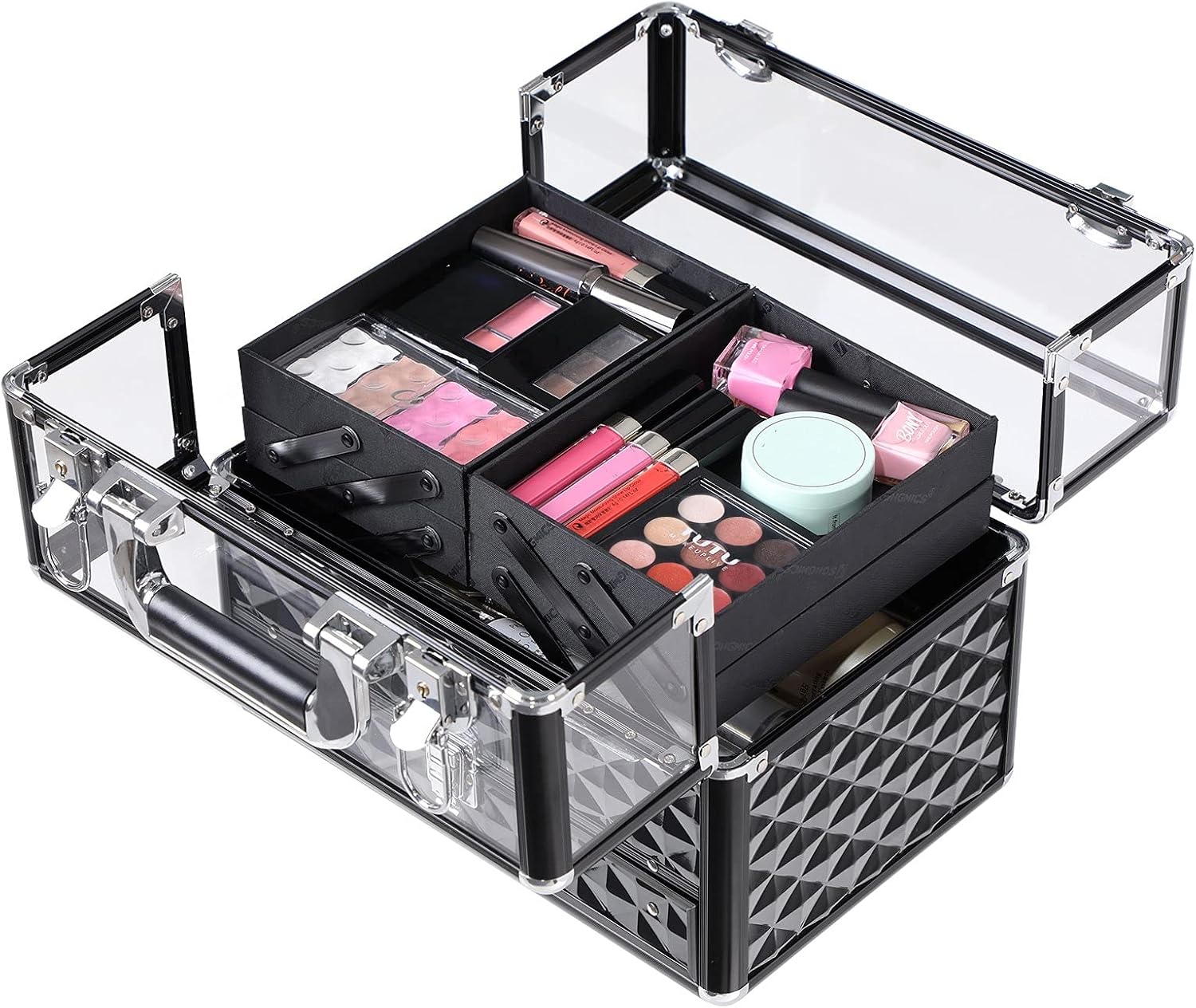 SONGMICS JBC318B Professional Cosmetics Case, Multi-Tiered Cosmetic Storage Case, Transparent Acrylic Glass, Folding Compartments, XL – Bild 3
