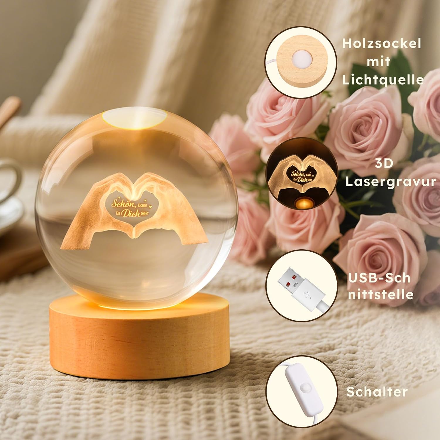 TUZELIYA Schön Dass Es Dich Gibt Crystal Glass Ball Gifts for Women Girlfriend Wife Mum Grandma Thank You Gift Personalised Gift for Birthday Wedding Christmas – Bild 3