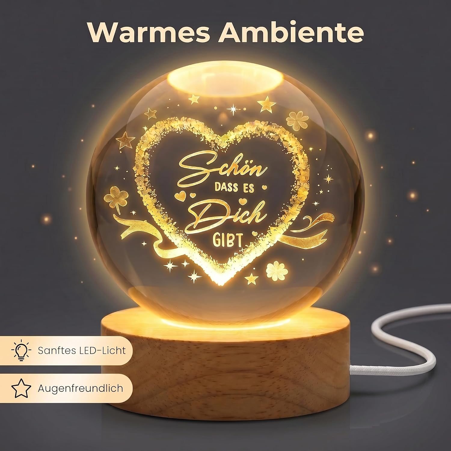 Gifts for Women Beautiful That It Gibt, 60 mm Lamp Crystal Ball Heart, Best Friend Gifts for Farewell Gift Retirement Colleague (USB Powered) – Bild 7