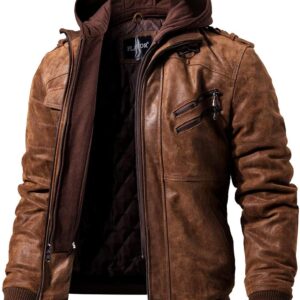 FLAVOR Genuine Leather Jacket, Men's Removable Hoodie