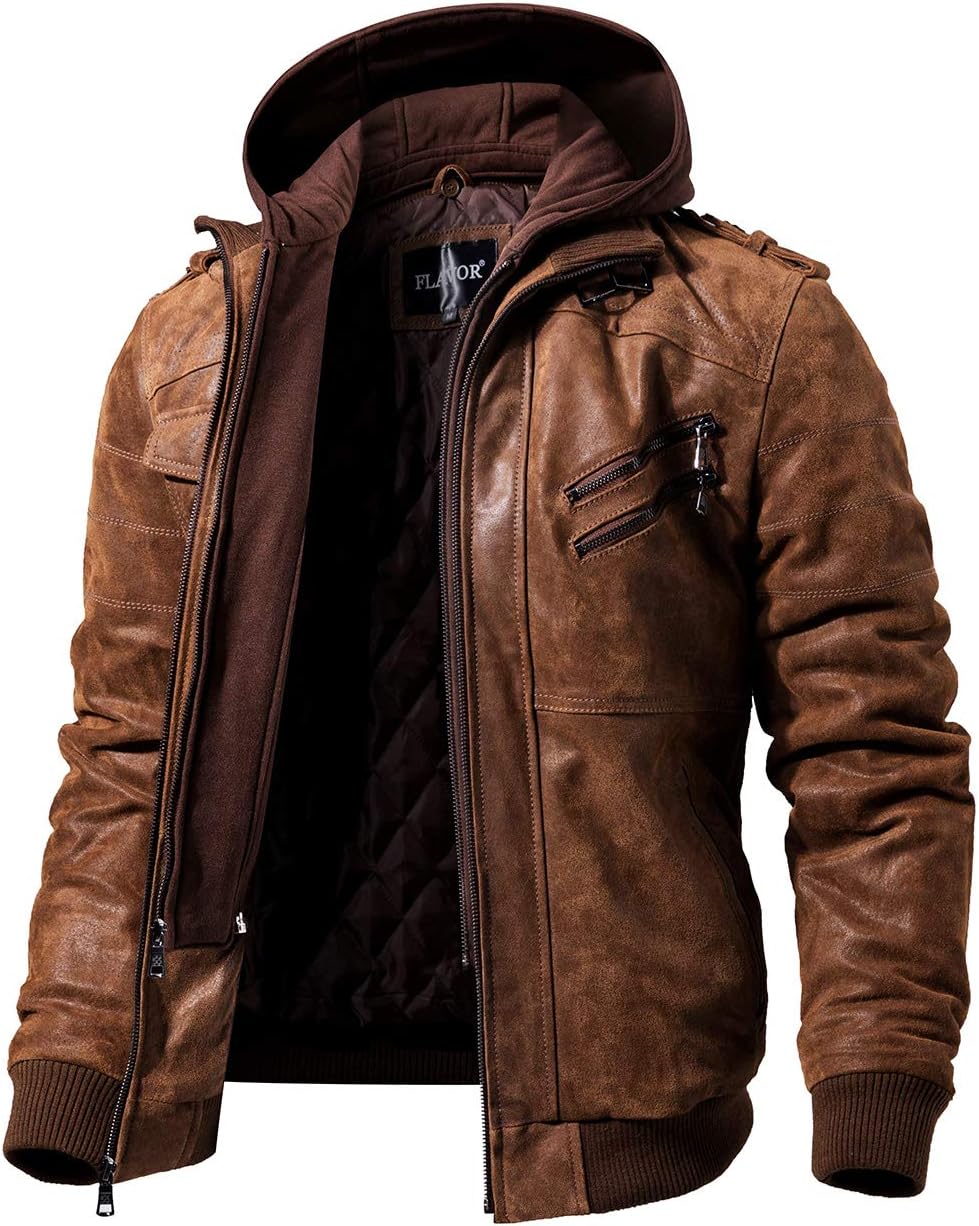 FLAVOR Genuine Leather Jacket, Men's Removable Hoodie