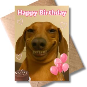 WBdesignz Funny Birthday Card with Envelope – with Happy Dachshund, Pink Balloons & Chocolate Cake – Humorous Greeting Card for Dog Owners, Friends & Family for Birthday (A6)