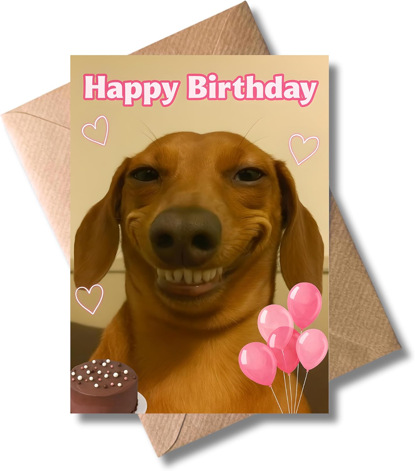 WBdesignz Funny Birthday Card with Envelope - with Happy Dachshund, Pink Balloons & Chocolate Cake - Humorous Greeting Card for Dog Owners, Friends & Family for Birthday (A6)