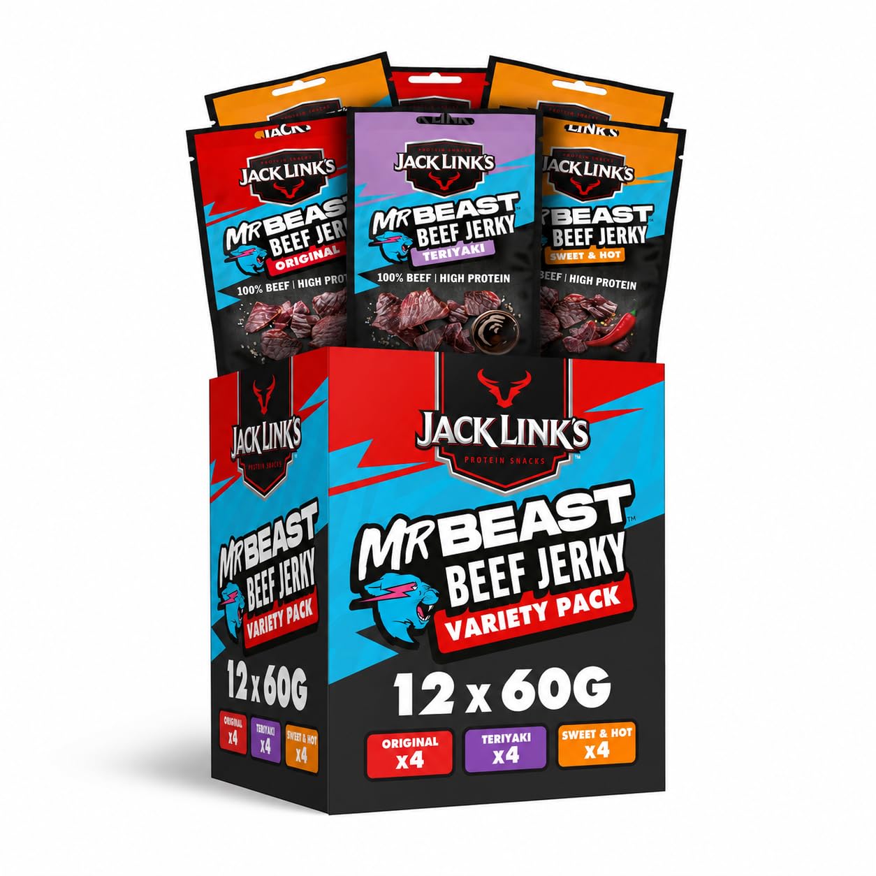 Jack Links Beef Jerky Gift Box - Pack of 12 (12 x 60 g) - High Quality Meat Snack Gifts for Men - Father, Dad, Man Gift or as a Gift Basket, Gift Basket, Birthday - High Protein