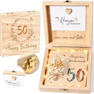 50th Birthday Wooden Money Gift with LED Fairy Lights, Gift Box for Money & Vouchers, Wooden Box with Dried Flowers and Card, 50th Birthday Gift for Women Men (50 Years)