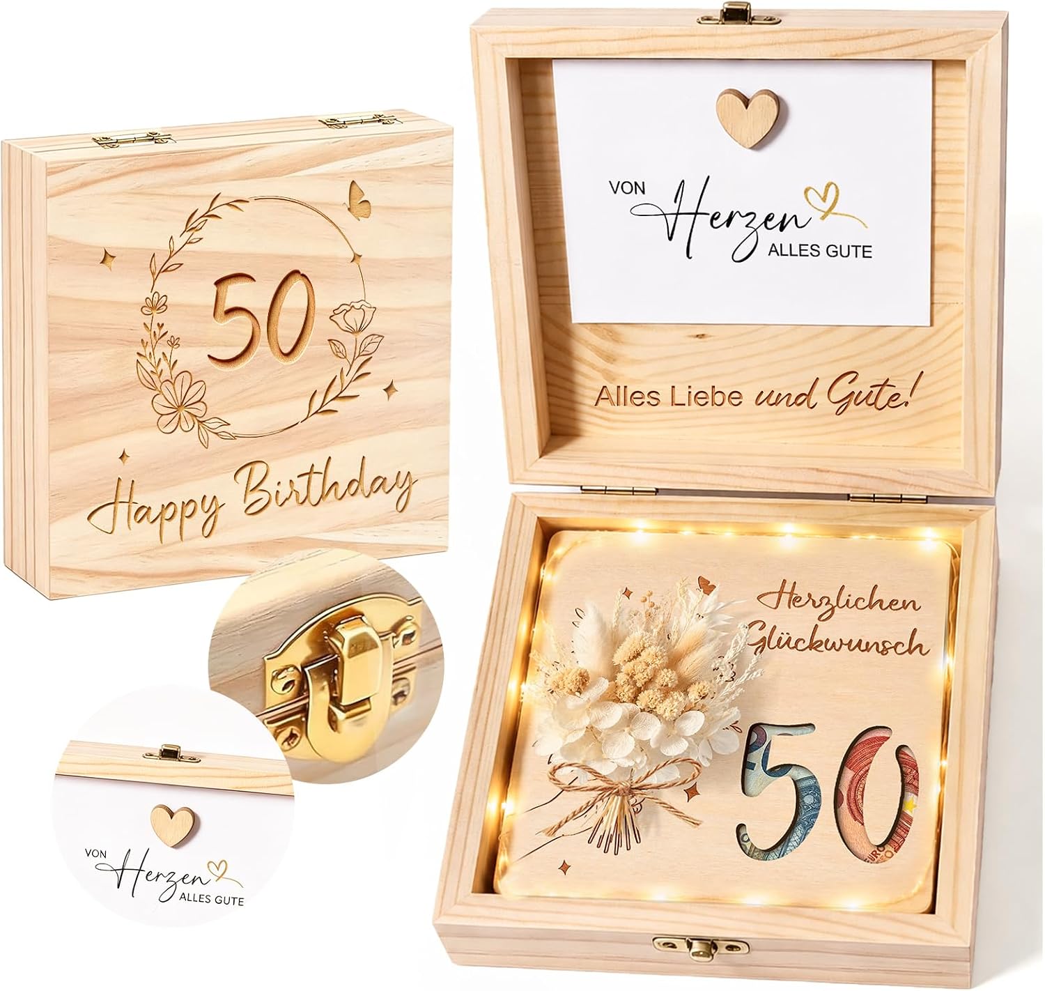 50th Birthday Wooden Money Gift with LED Fairy Lights, Gift Box for Money & Vouchers, Wooden Box with Dried Flowers and Card, 50th Birthday Gift for Women Men (50 Years)