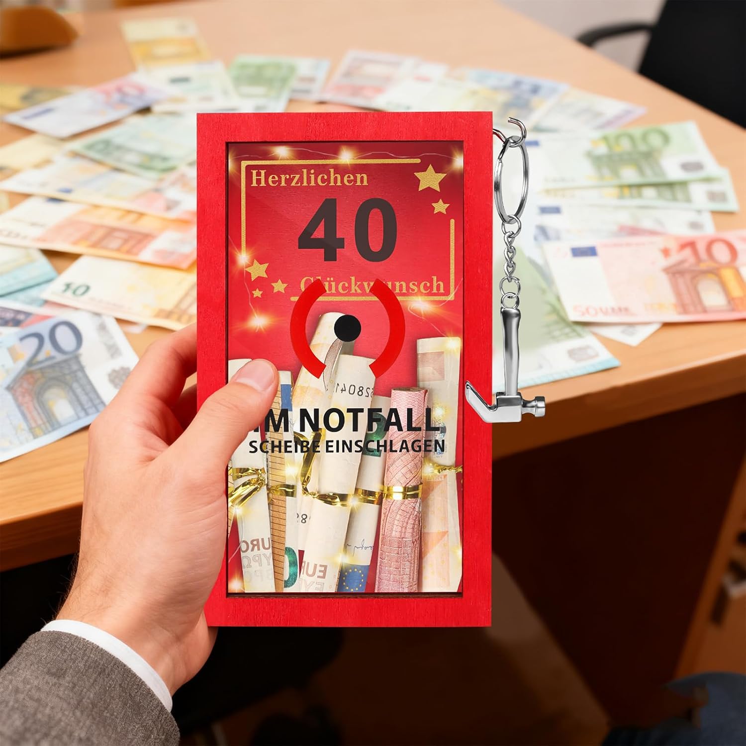 TUZELIYA LED Money Gifts 40th Birthday - 40th Birthday Women & Men - Personalised Gifts for Money - Funny Emergency Box Gifts with Hammer, Golden String and Fairy Lights – Bild 7