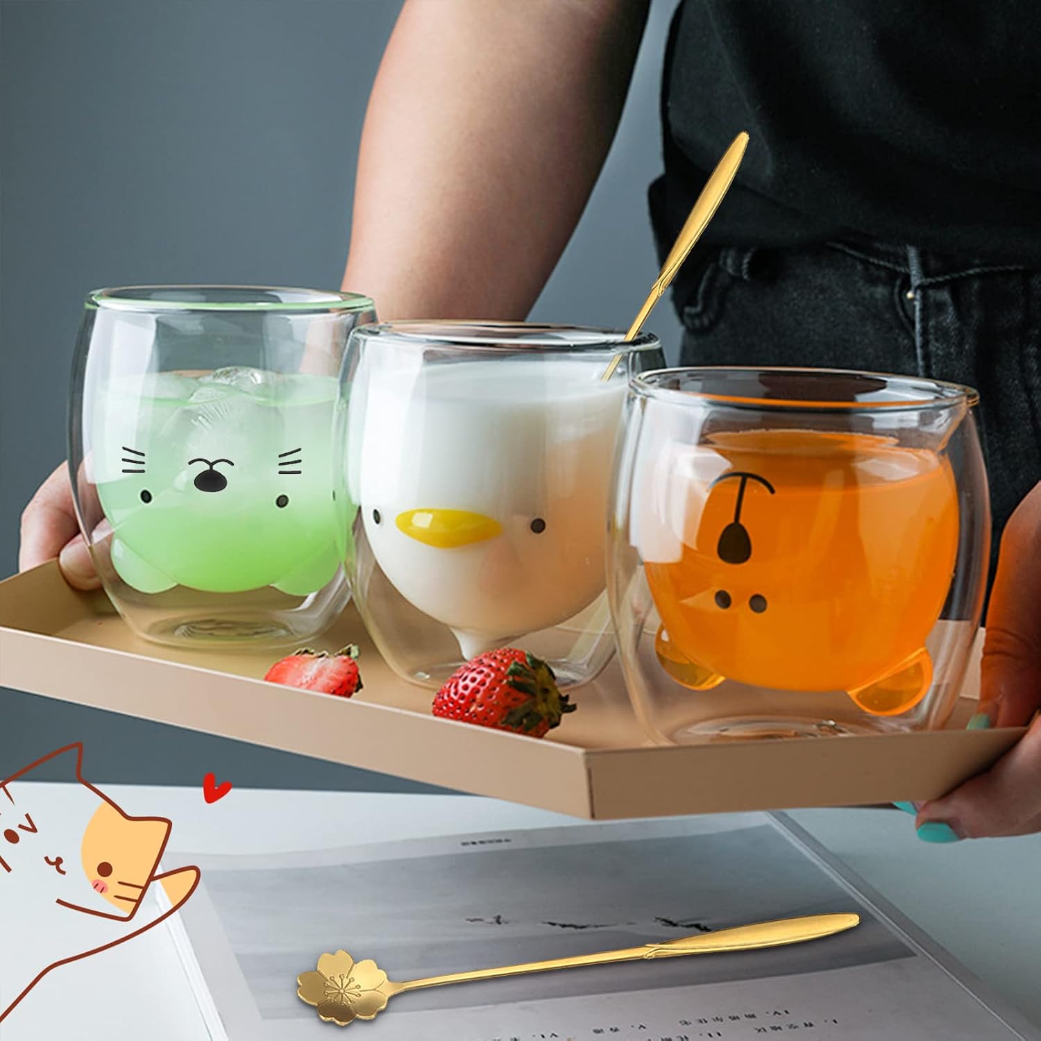 Double-Walled Latte Macchiato Glasses Set, Cute Cups Coffee Tea Glasses Drinking Glasses Coffee Glass 4 Pieces with Spoon and Coaster, Double Wall Glass Milk Cup Gift Set – Bild 3
