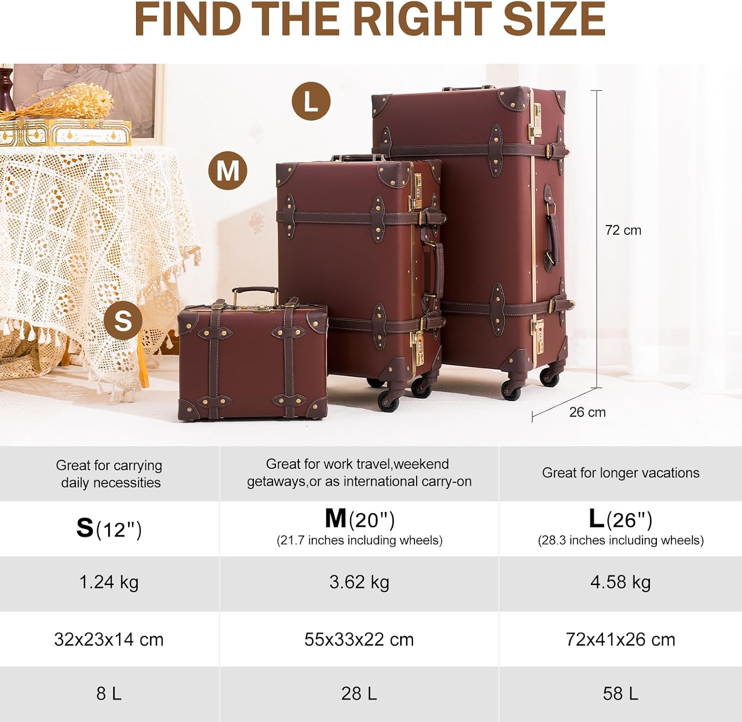Urecity Vintage Suitcase with Wheels Trolley Suitcase Travel Suitcase Lightweight Retro Hard Shell Suitcase 2-Piece with 12 Inch Small Case (Caramel Brown, S (12 inches) + L (26 inches) – Bild 6