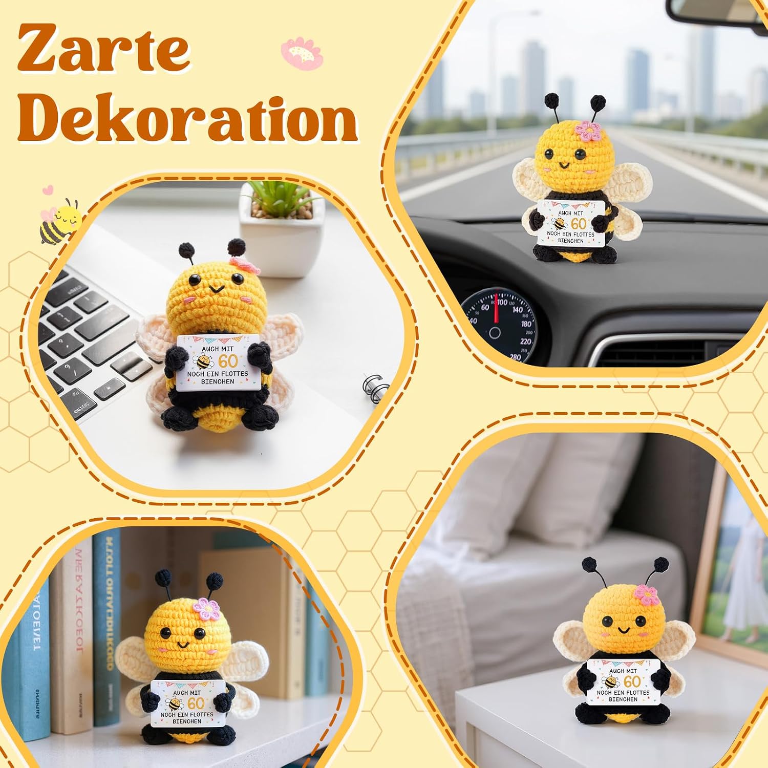 Gleevara 60th Birthday Woman - Hand Crocheted Bee Figure with Energy Card – Bild 8