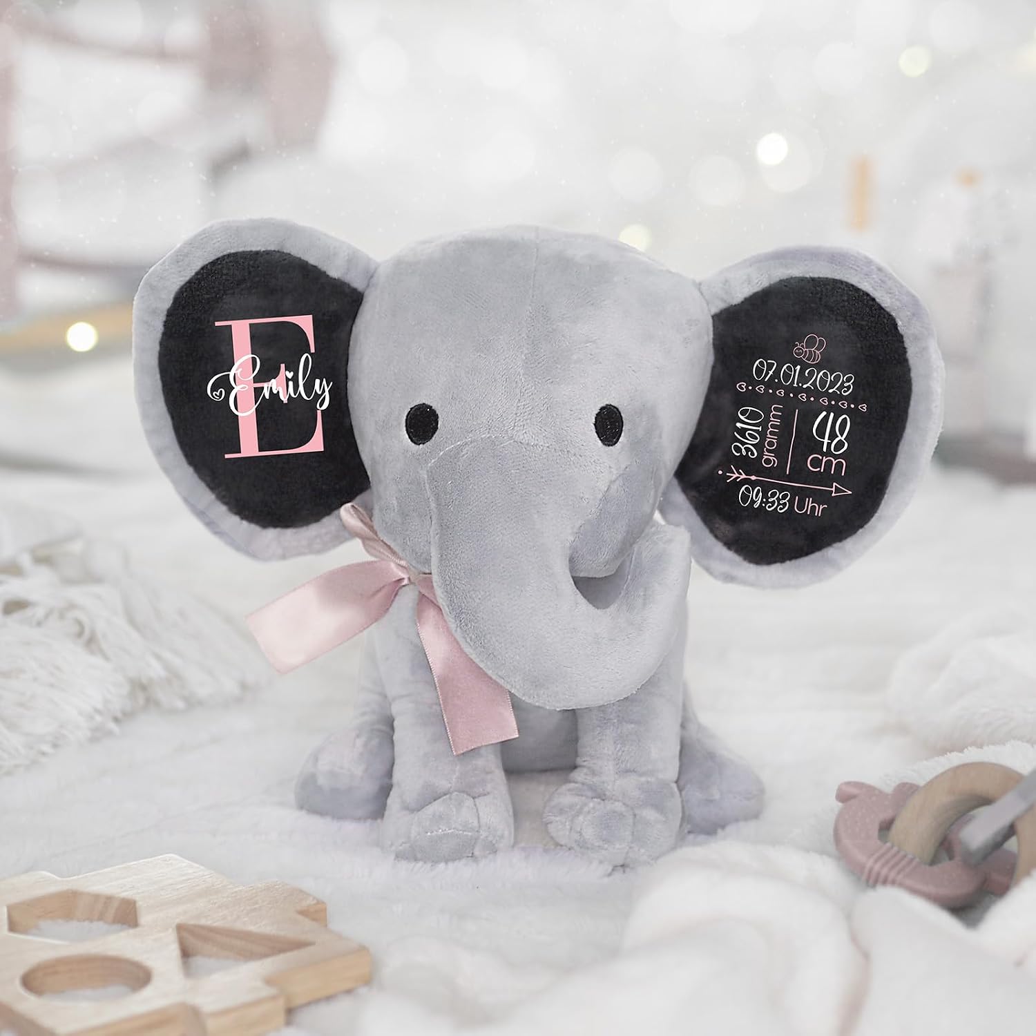 Love Faith Personalised Cuddly Elephant - Grey/Pink - Birth Gift – Bild 3