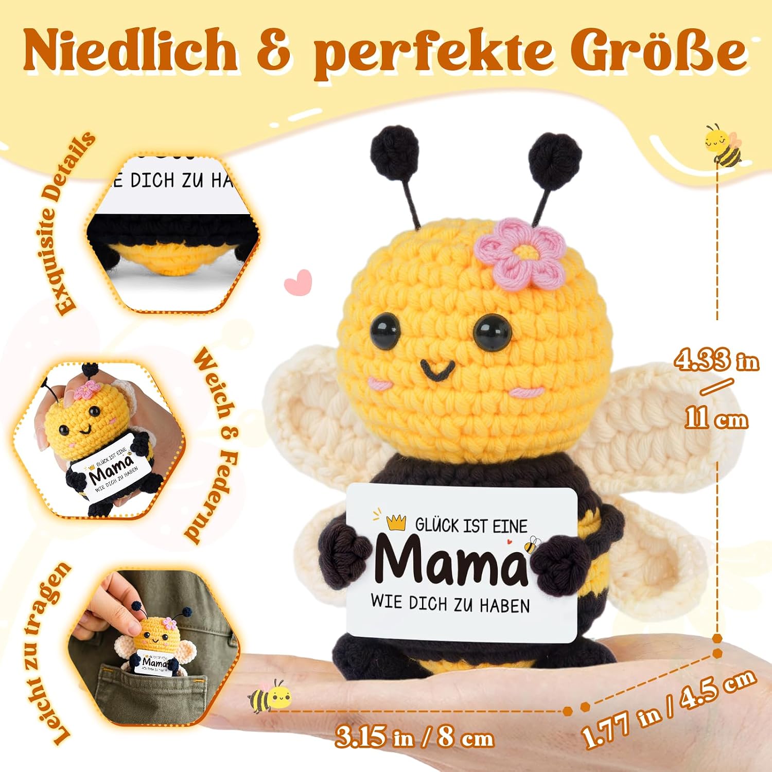 Gleevara Mum Gift - Hand Crocheted Bee Figurine with Energy Card – Bild 3