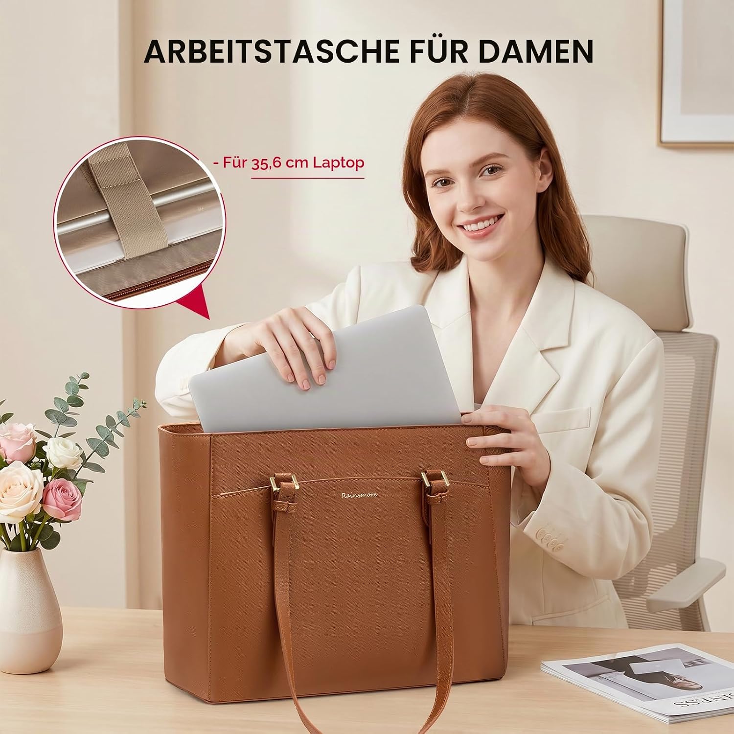 RAINSMORE Handbag Women's Large Shopper Bag Women's Waterproof PU Leather, brown, Shopper – Bild 4
