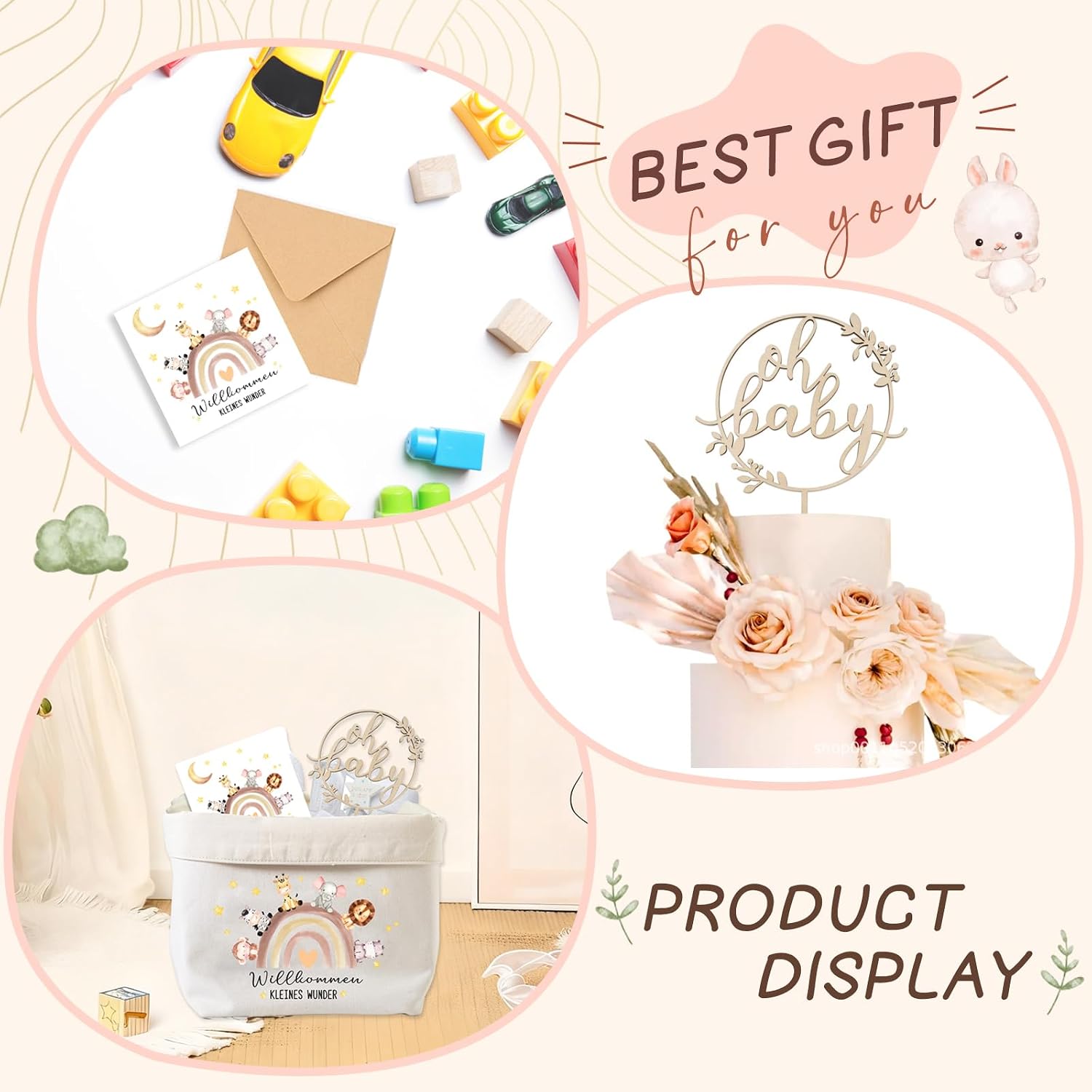 Nappy Bag Boy Girl Baby Gifts for Birth, Baby Nappy Cake Bag + Wooden Cake Topper + Card + Envelope, Baby Gift for Newborn Baby Shower – Bild 3