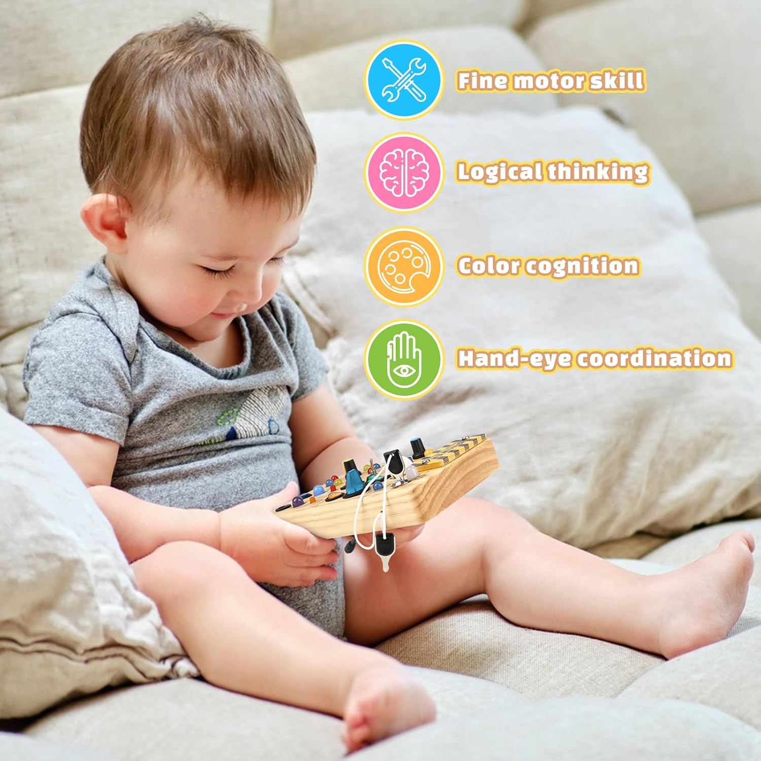 Joyreal Busy Board Baby Montessori Toy from 1 Year, Motor Skills Toy Activity Board with 19 LEDs, Sensory Toy Wooden Toy Educational Toy, Gift Boys and Girls from 1 2 3 Years – Bild 6
