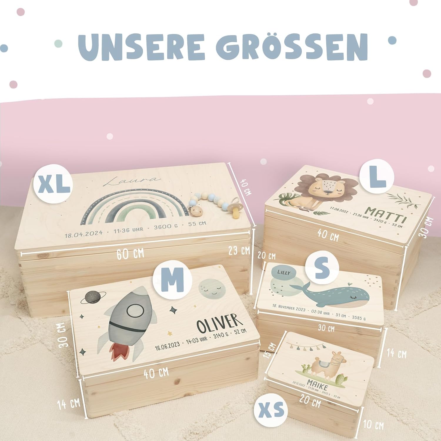 hellomini Personalised Wooden Memory Box, Engraved Storage Box with Name & Birth Dates, Gift for Birth, Christening & Birthday, High-Quality Baby Memory Box (Leaves) – Bild 3