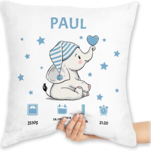 Cushion 40 x 40 cm Decorative Cushion - Elephant Birth Data with Name Personalised I Gift for Birth - 40 x 40 cm - White - Personalised Baby Gift Birth Gift and Weight