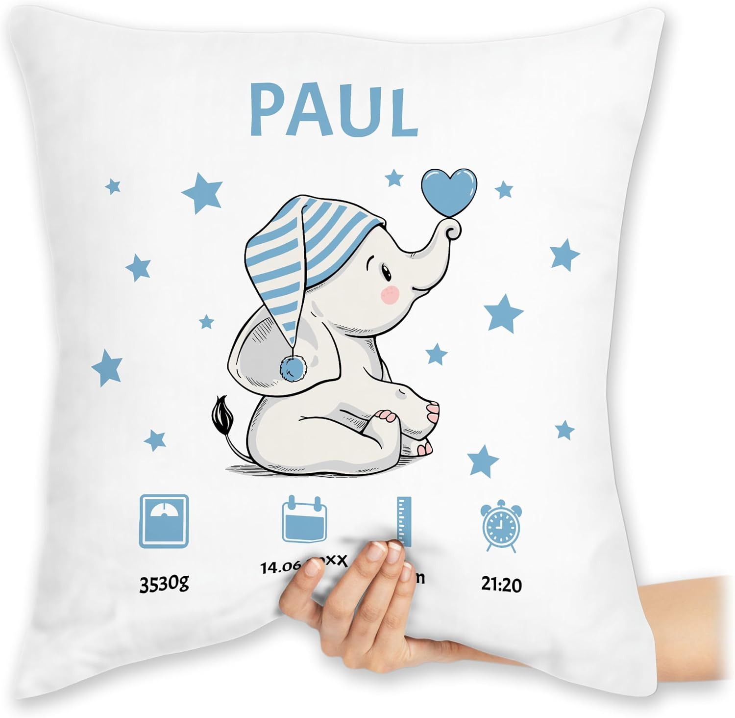 Cushion 40 x 40 cm Decorative Cushion - Elephant Birth Data with Name Personalised I Gift for Birth - 40 x 40 cm - White - Personalised Baby Gift Birth Gift and Weight