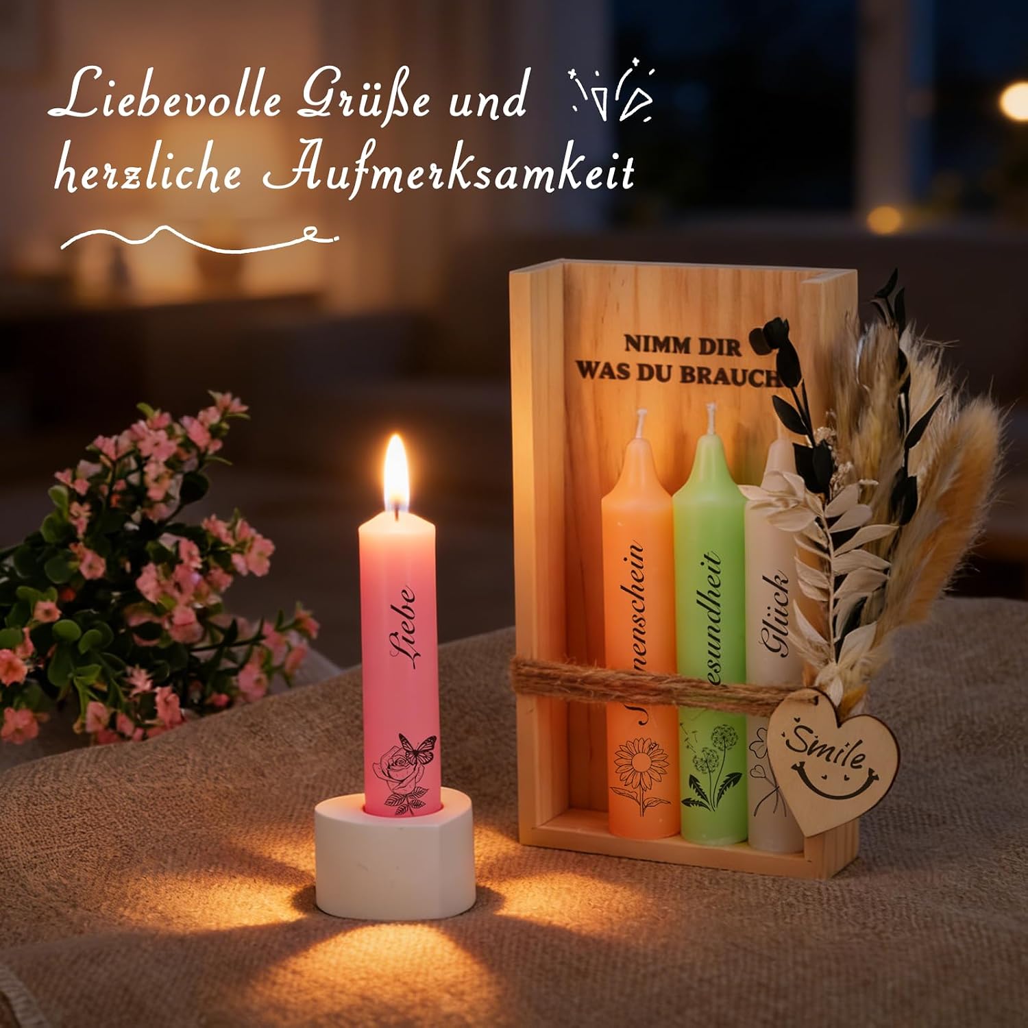 Gifts for Women, Candle Gift for Girlfriend, Best Friends, Candle Set with Candle Holder, Wooden Box, Dry Flowers for Mother, Sister, Grandma, Birthday Gift for Girls (Candle Gift Box-1) – Bild 2