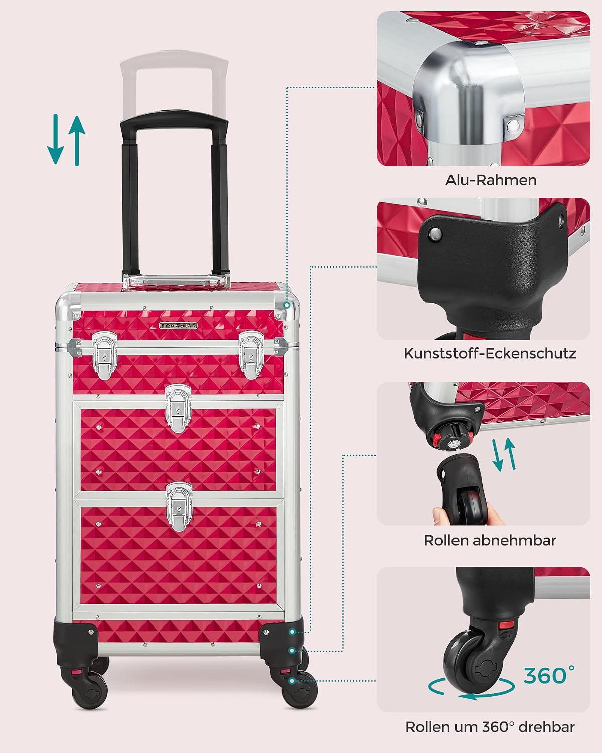 Songmics Make-Up Trolley, Cosmetic Case, Make-up case, Hairdresser’s Case, with 4 Removable, Universal Wheels, Top with 3 levels, Drawers with Slide Rails, Professional, for Travel Red – Bild 5