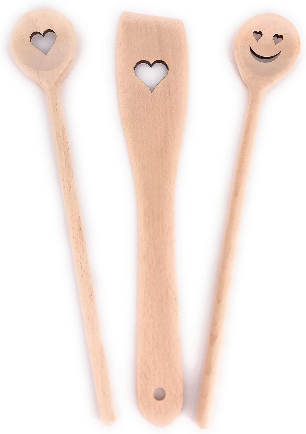 Balna Cooking Spoon Set Wooden Cooking Spoon Wooden Heart Gift Ideal for Wedding Valentine's Day Birthday Lovers Kitchen Set 2 Wooden Spoons + 1 Spatula Beech Wood 30 cm – Bild 3