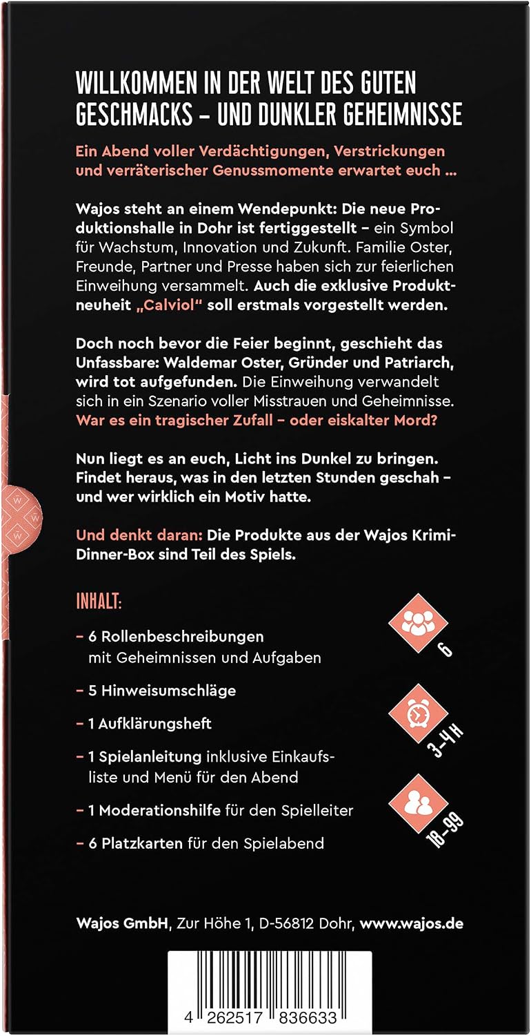 Crime Dinner for Home: wajos Crime Dinner "Inauguration with Bitter Aftertaste" for 6 People Including Menu & 4 Delicatessen Products, Crime Dinner Box for Connoisseurs with Sense – Bild 2