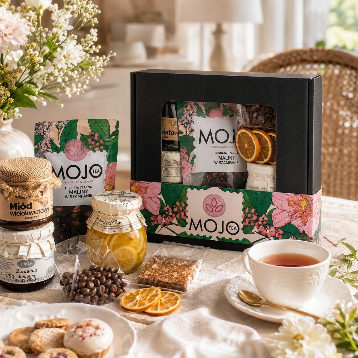MOJO TEA Delicatessen Thank You Box Gift Basket Coffee Tea Honey Jam Gift Box with Fruit Tea, Arabica Coffee, Flower Honey, Lemons in Syrup, Cranberry Jam, Sweets - Gift Box – Bild 5