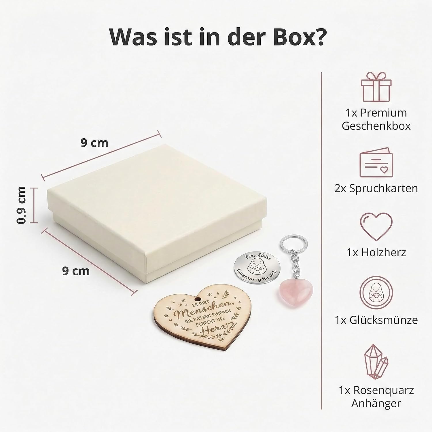 Gift Girlfriend - Gift Box with Heart Keyring Rose Quartz, Wooden Card & Lucky Charm - Personal Thank You Gift for Best Friend, Maid of Honour, Colleague, Birthday & Valentine's Day – Bild 8