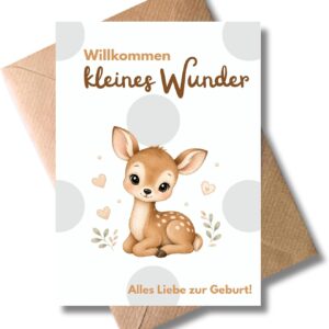 WBdesignz schöne Glückwunschkarte zur Geburt mit Umschlag – Willkommen kleines Wunder – Süßes Reh Rehkitz – Geburtskarte Mädchen Junge – Babyglück – Gratulation Karte Eltern Freunde Familie (DIN A6)