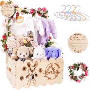 Wooden Baby Gift Basket with Handle - Baby Storage Basket, Baby Shower Cabinet with Name Badges Wood, Garlands Plastic and 4 Children's Clothes Hangers for Newborn Baby Shower New Parents
