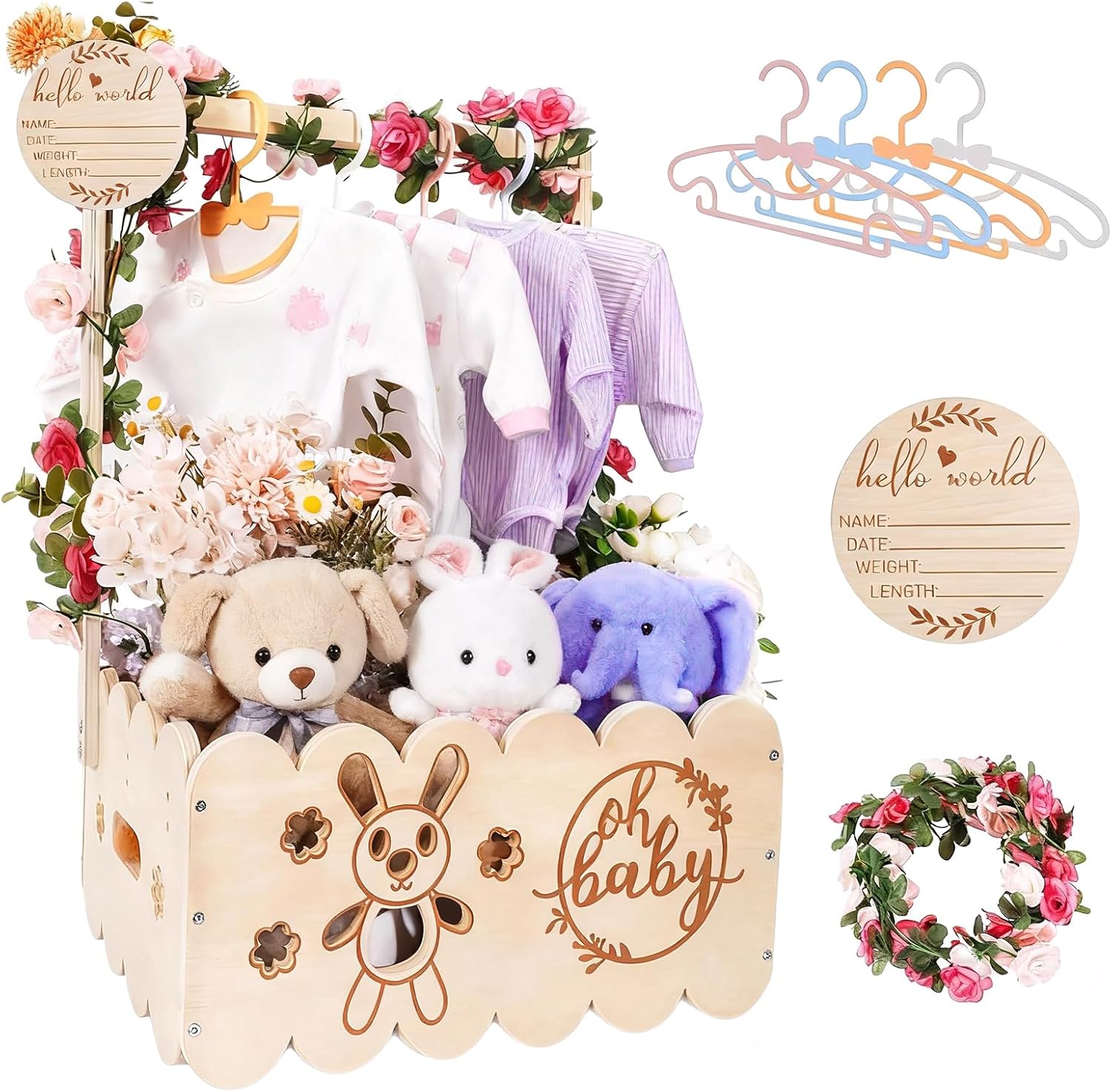 Wooden Baby Gift Basket with Handle - Baby Storage Basket, Baby Shower Cabinet with Name Badges Wood, Garlands Plastic and 4 Children's Clothes Hangers for Newborn Baby Shower New Parents