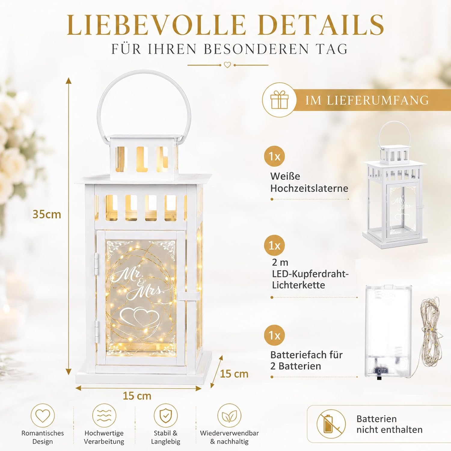 BBTO Mr & Mrs Wedding Lantern with 2 m LED Lights 27 x 15 x 15 cm – Bild 2