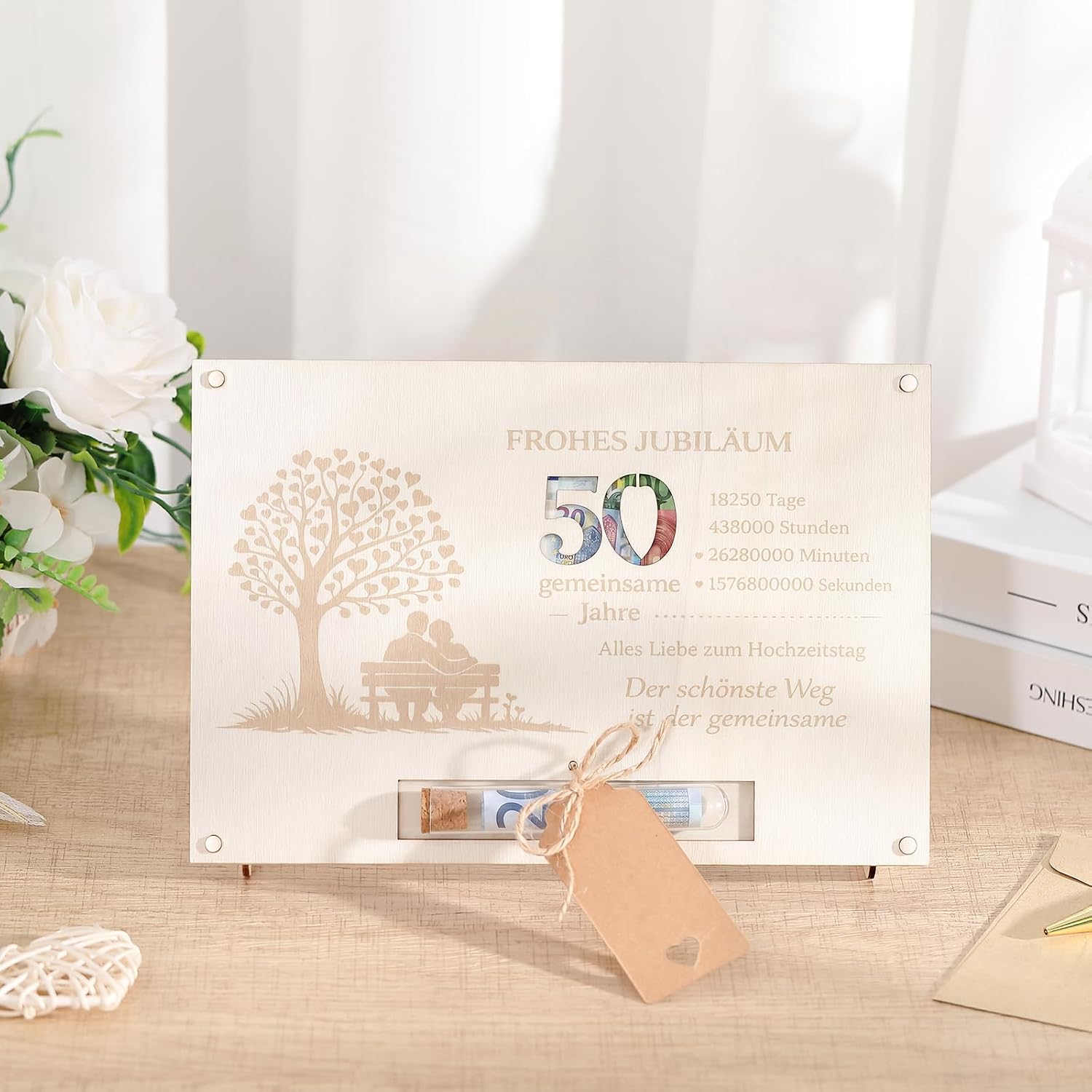 Hestya Money Gift 50 Years of Marriage, Wooden Golden Wedding Gifts, Anniversary Card, Money Gifts, Packaging, 25 x 17 cm, Packaging with Test Tube, Labels, Hemp Rope for Golden Wedding Gifts – Bild 3