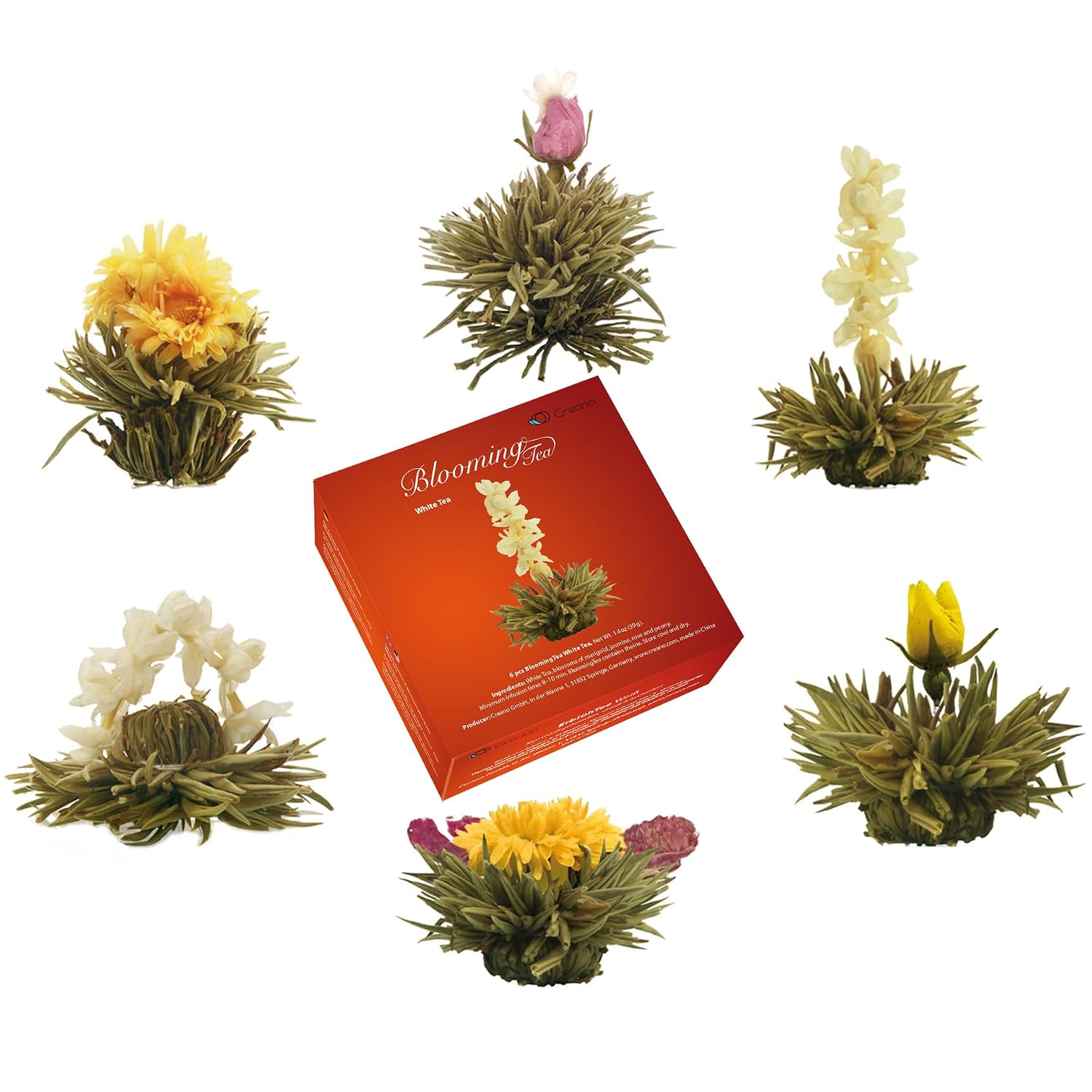 Creano Tea Flowers Gift Set - Blooming Tea with 500 ml Glass Jug & 6 x White Tea + Teelini Green Tea Bonus Ball - 8 Pieces – Bild 8