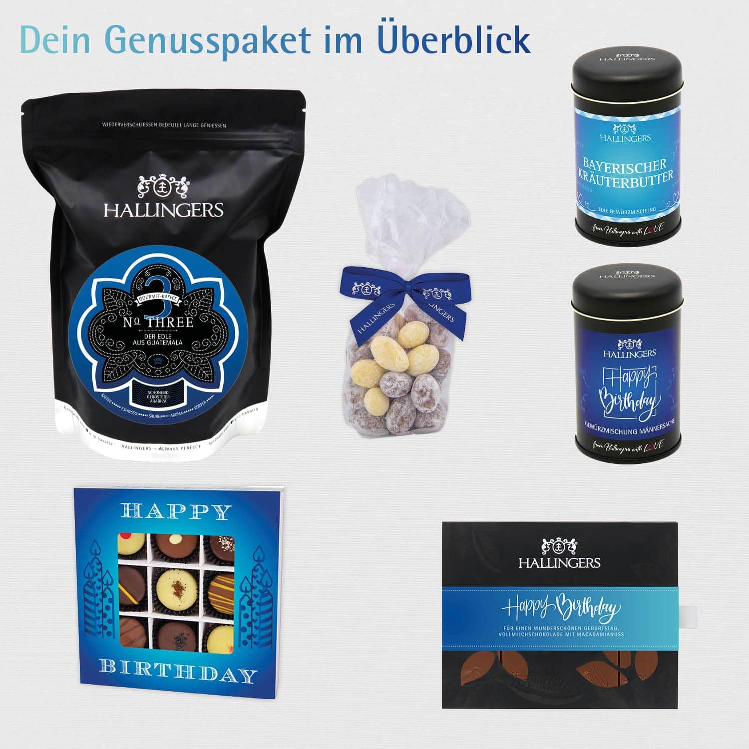 Hallingers Genuss Manufaktur Feinkost Birthday Gift Set – XXL Gift Basket "Happy Birthday..." Large Gift Coffee, Chocolate, 9 Chocolates, Almonds & Spice, Gifts for Men and Women – Bild 6