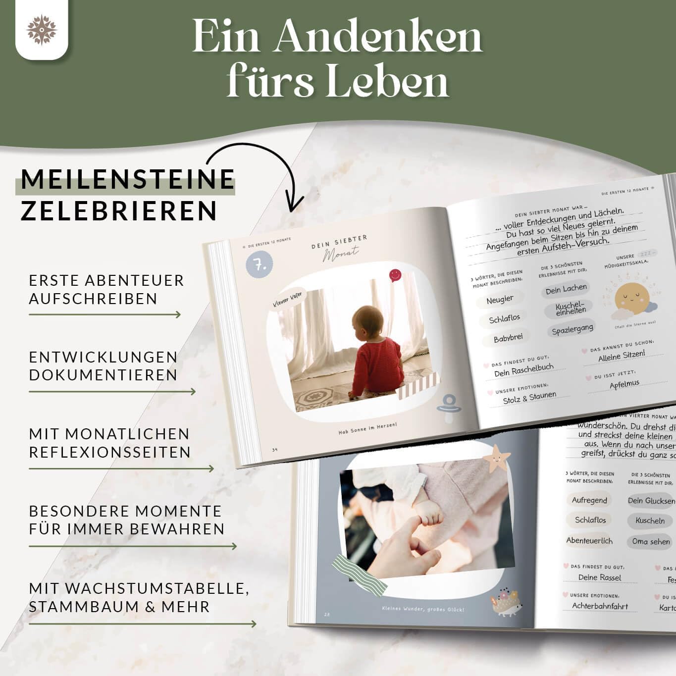 Lebenskompass Baby Album My First Year "Pure" with Over 75 Stickers and Saying Card Extra - A Baby Book to Enter - The Baby Diary & Memory Book for Girls and Boys – Bild 6
