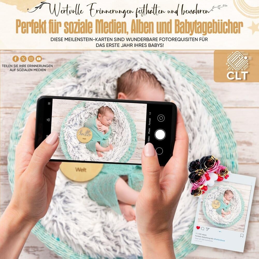 Wooden Milestone Cards Baby German – 14 Milestones on Elegant Wooden Discs with 3D Effect as a Gift in Fabric Bag Packed for Birth/Baby Shower for Pregnant Women, Expectant Mothers – Bild 3