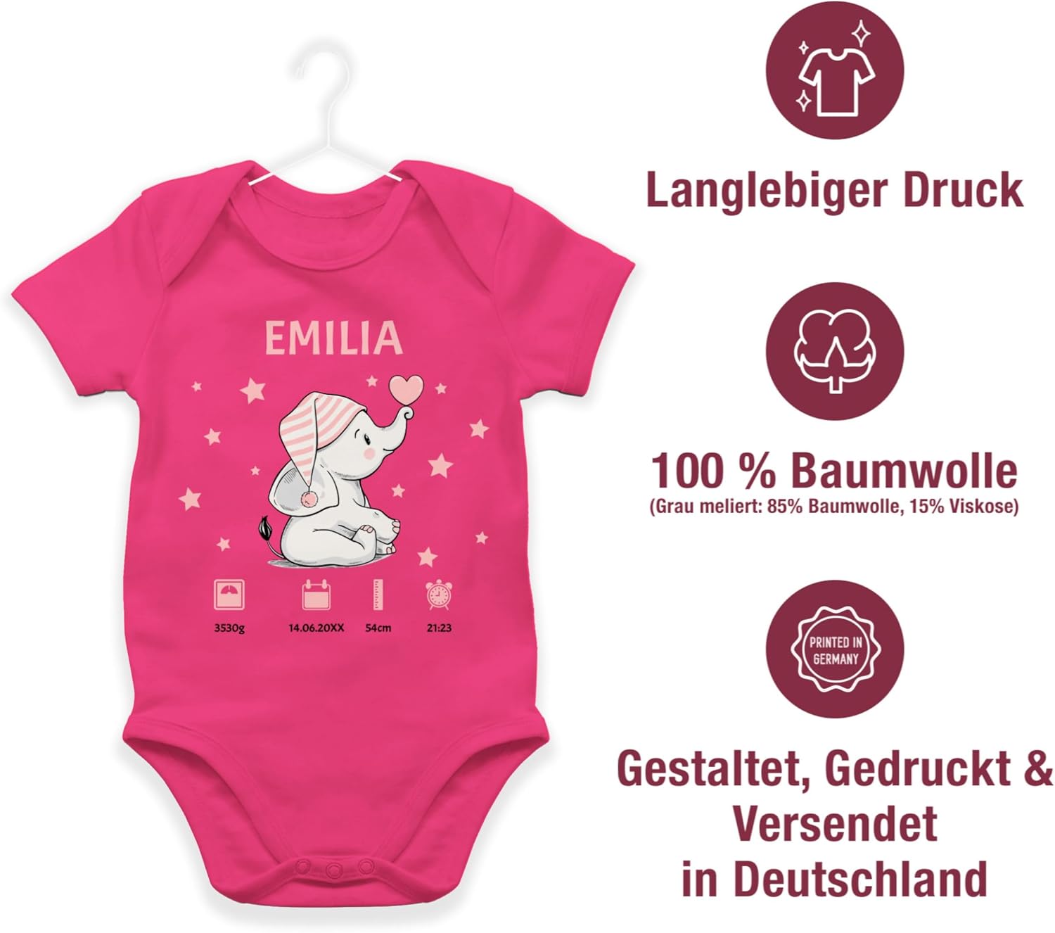 Geschenk mit Namen personalisiert by Shirtracer - Baby Bodysuit Boy Girl Elephant Birth Date Gift for Birth – Bild 6
