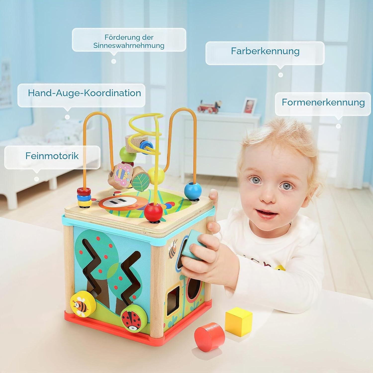 TOP Bright Wooden Shape Sorter Activity Cube Toy for 1 Year Old Baby - 1st Birthday Gift for Girls Boys 12 Months + – Bild 2