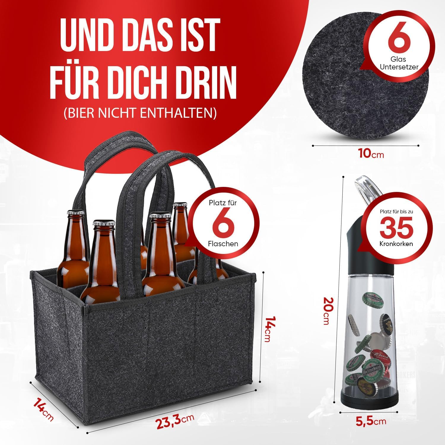 wortek Gift Set Men's Gifts - Men's Handbag Beer Made of Felt with 6 Compartments - Bottle Opener with Collection Container - Coaster Glasses Set of 6 - Funny Gifts for Men and Beer Lovers – Bild 3
