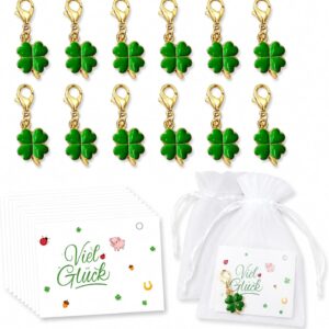 12 Sets Lucky Charm Clover Key Chain, Good Luck Cards, Organza Bag, Clover Pendant, Ideal as a Key Ring Set, Small Lucky Charm for Farewell, Exam, Wedding, New Year