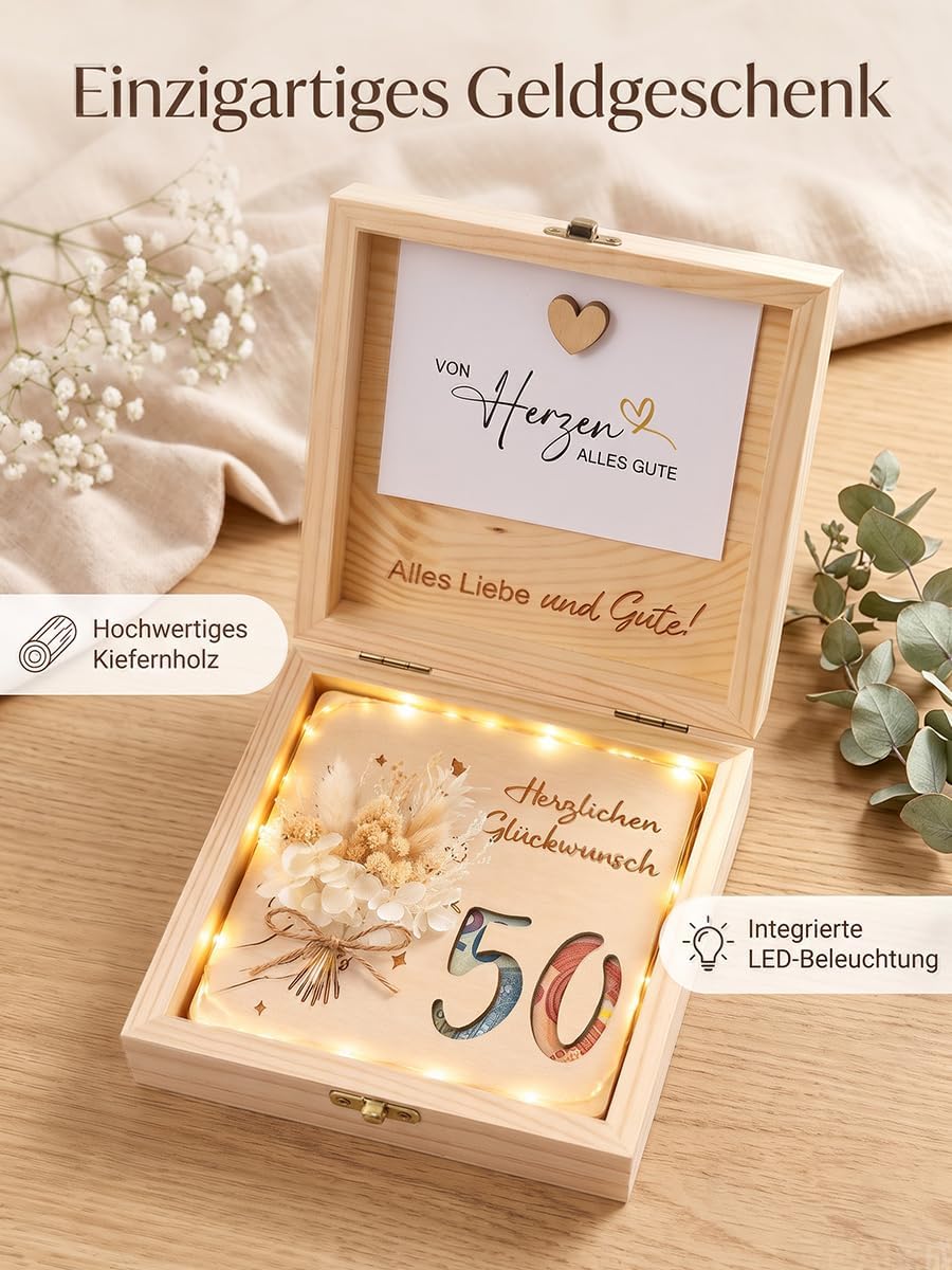 50th Birthday Wooden Money Gift with LED Fairy Lights, Gift Box for Money & Vouchers, Wooden Box with Dried Flowers and Card, 50th Birthday Gift for Women Men (50 Years) – Bild 7