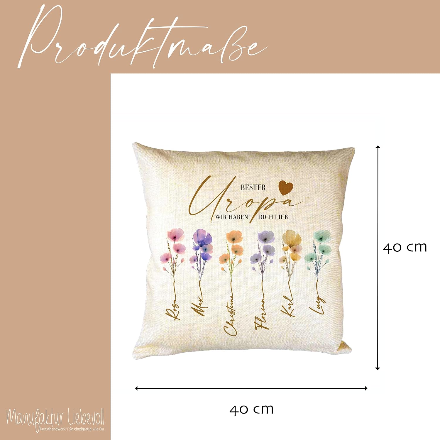 Manufaktur Liebevoll Personalised Cushion with Name, Best Mum Gift for Mum, Family Cushion with Watercolour Flowers, Gift Family (Best Mum) – Bild 8