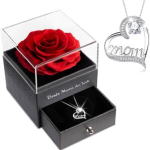 Sunia Gifts for Mum, Eternal Real Rose with Mom Necklace Made of 925 Sterling Silver, Best Mum in the World Gifts, Eternal Rose Flower Infinity Rose Gift for Mother's Day Birthday Christmas