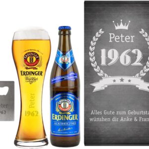 Herz & Heim Wheat Beer Birthday Gift Set with Glass, Bottle Opener and Gift Box Personalised (Erdinger Weißbier Alcohol Free)