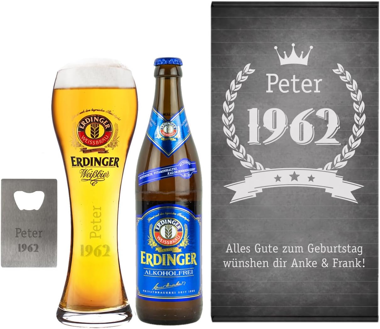Herz & Heim Wheat Beer Birthday Gift Set with Glass, Bottle Opener and Gift Box Personalised (Erdinger Weißbier Alcohol Free)