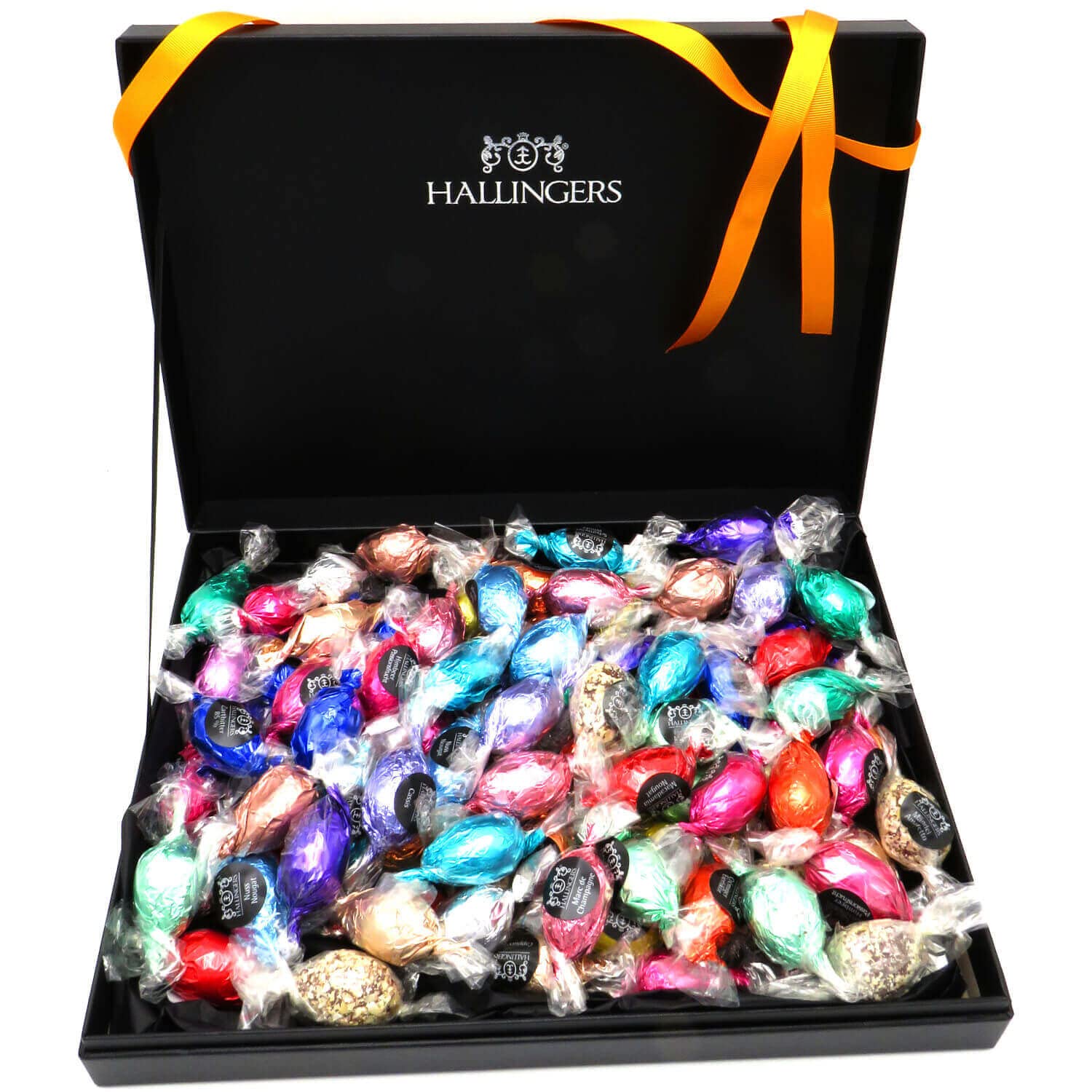 Hallingers Genuss Manufaktur Delicatessen Easter Gift Set - XXL Gift Basket "Easter Box Orange" Large Easter Nest with 90 Chocolate Easter Eggs with & without Alcohol, Easter Baskets for Women Men