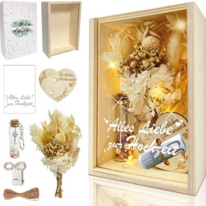 HILKKET Wooden Wedding Gift for Bride and Groom, Money Gift Wedding with Eternal Flowers, Wooden Box, Plastic Test Tube, Fairy Lights, Wishing Bottle, Yarn, Wedding Gifts