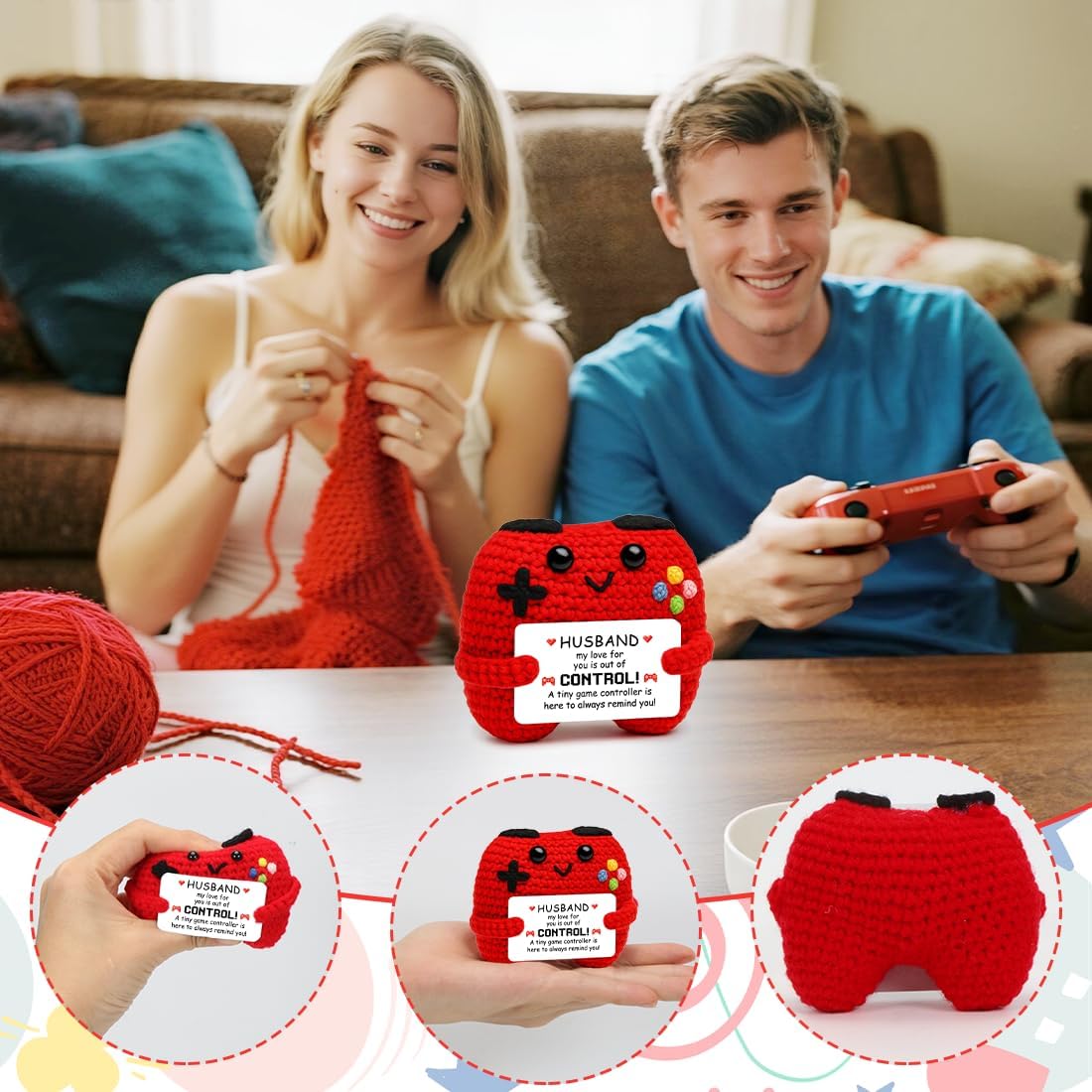 HUKUMA Crochet Game Controller, I Love You Gifts for Husband, Romantic Gift, Pocket Hug, Positive Game Controller, Plush, Funny Small Gift for Valentine's Day, Wedding, Anniversary – Bild 3